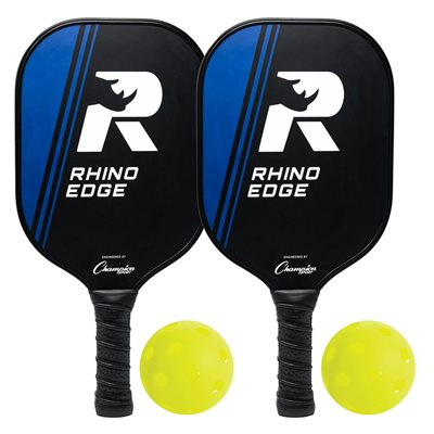 Ensemble de pickeball de 2 raquettes en bois «Rhino Edge» et 2 balles jaunes Rhino Pickleball® 